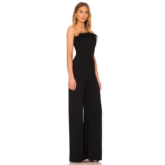 Amanda Uprichard Amiah Jumpsuit Ostrich Feather Trim Classy Witchy Black Size S - Picture 2 of 16